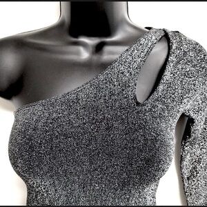 NWT BeBe One Shoulder Silver & Black Sparkly Metallic Bodysuit Size Small
